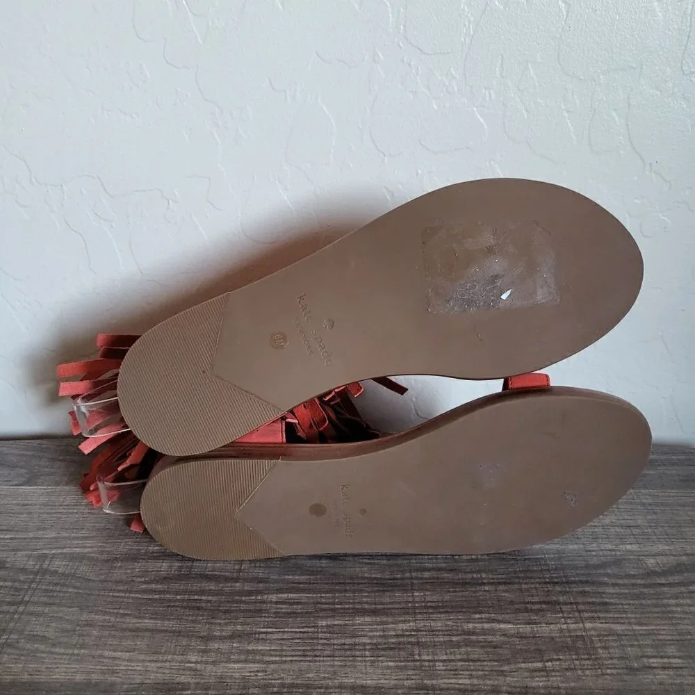 Kate Spade Alex Flat Fringe-Cuff Boho Sandals Orange Nubuck Leather Sz Women's 6
